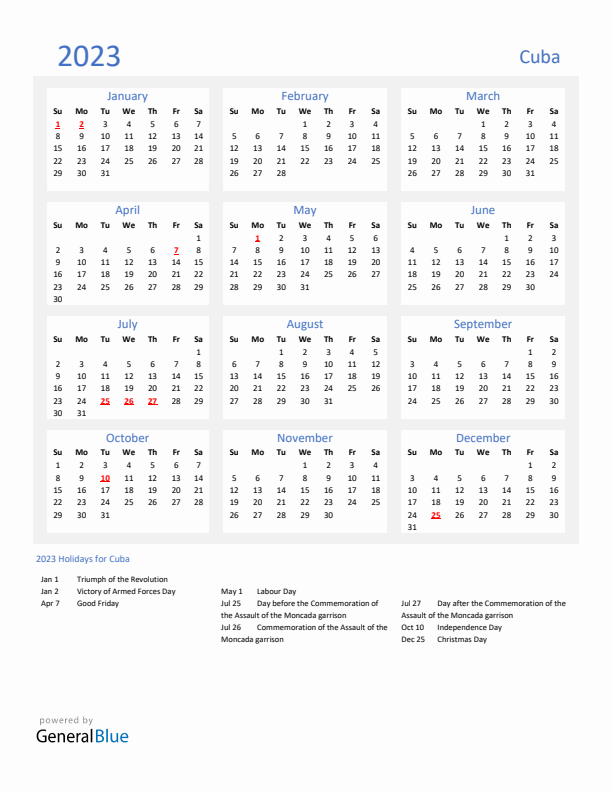 Basic Yearly Calendar with Holidays in Cuba for 2023 