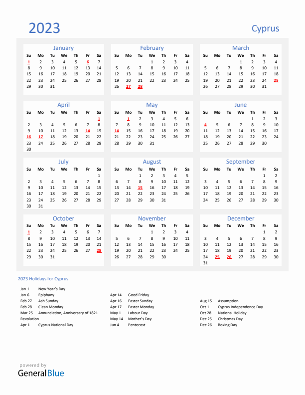 Basic Yearly Calendar with Holidays in Cyprus for 2023