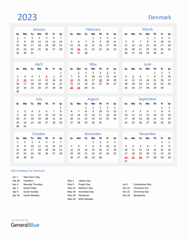 Basic Yearly Calendar with Holidays in Denmark for 2023