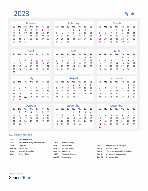 Basic Yearly Calendar with Holidays in Spain for 2023