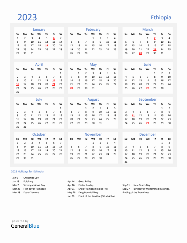 Basic Yearly Calendar with Holidays in Ethiopia for 2023