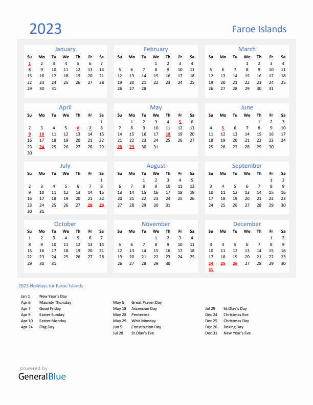 Basic Yearly Calendar with Holidays in Faroe Islands for 2023