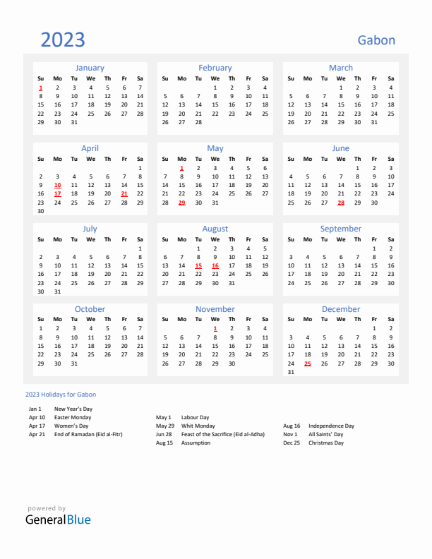 Basic Yearly Calendar with Holidays in Gabon for 2023