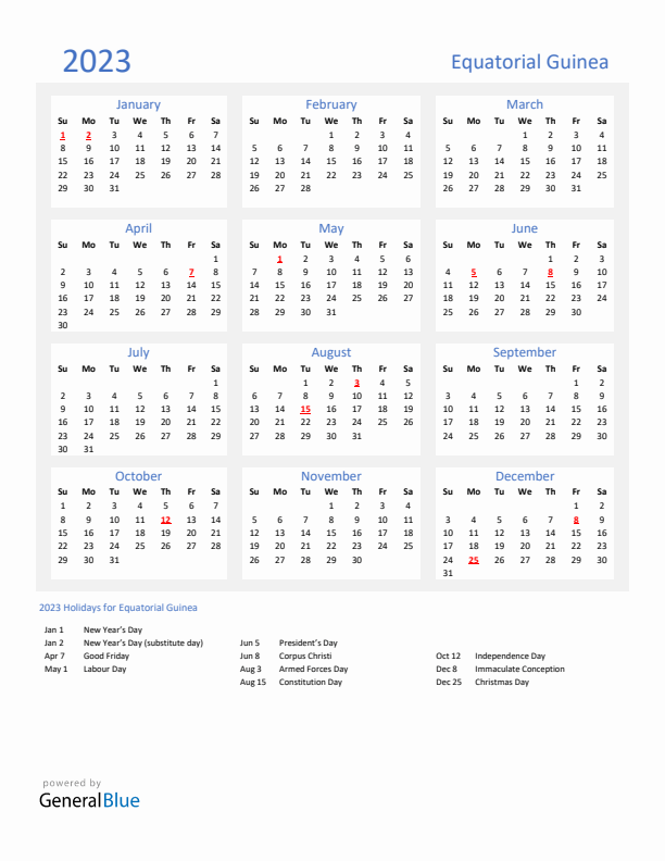Basic Yearly Calendar with Holidays in Equatorial Guinea for 2023