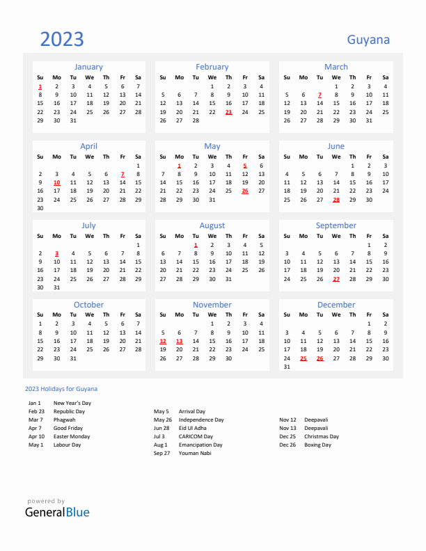 Basic Yearly Calendar with Holidays in Guyana for 2023