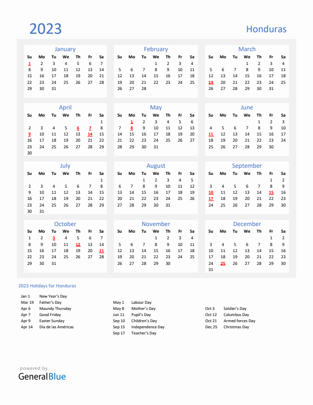 Basic Yearly Calendar with Holidays in Honduras for 2023