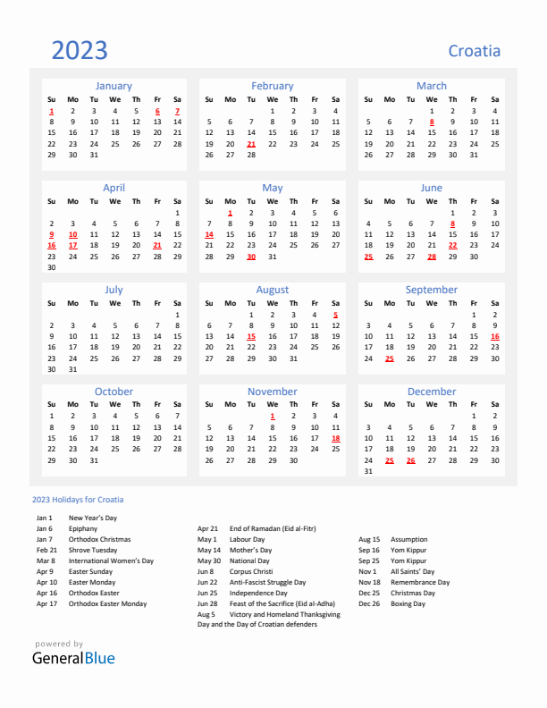 Basic Yearly Calendar with Holidays in Croatia for 2023