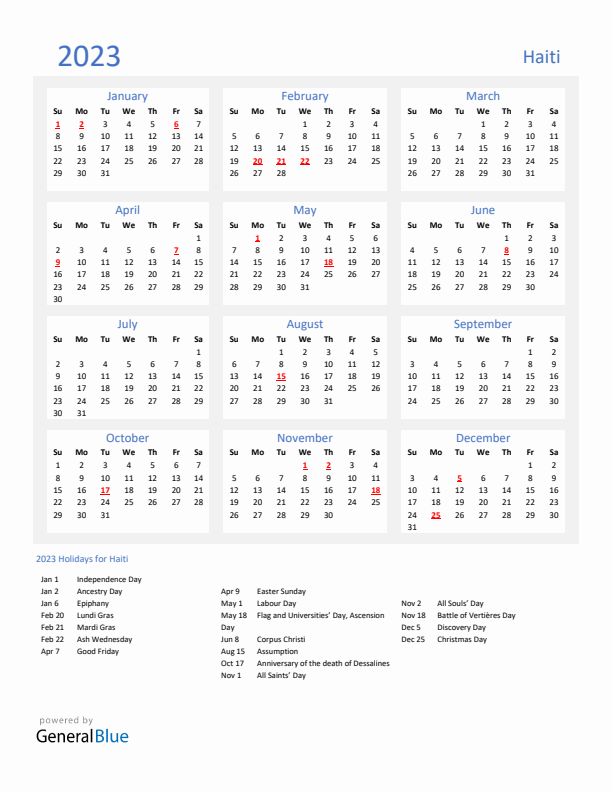 Basic Yearly Calendar with Holidays in Haiti for 2023
