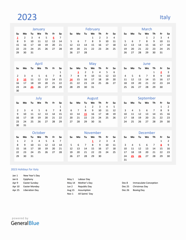 Basic Yearly Calendar with Holidays in Italy for 2023