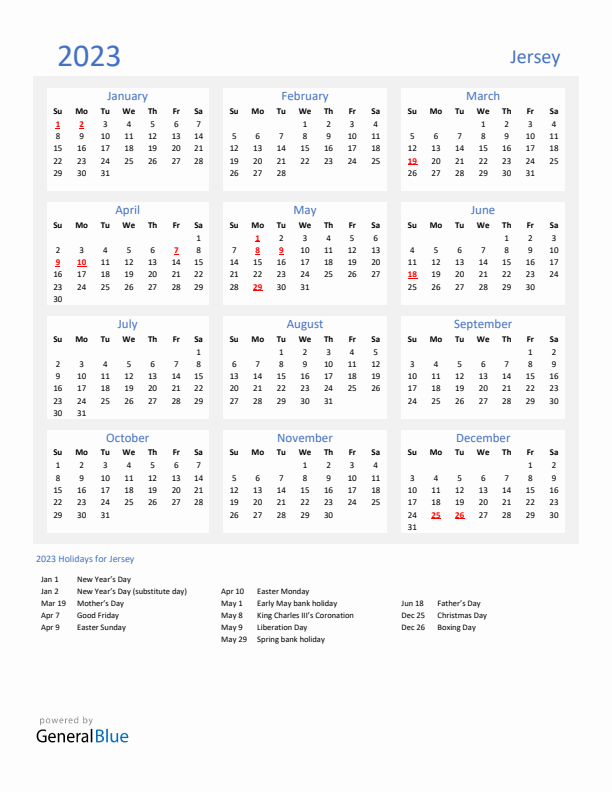 Basic Yearly Calendar with Holidays in Jersey for 2023 
