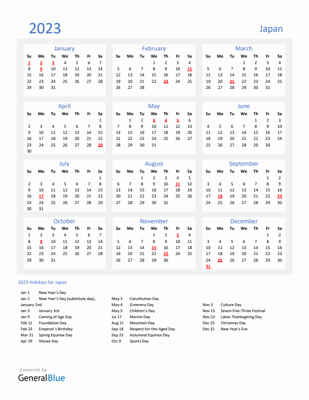Basic Yearly Calendar with Holidays in Japan for 2023