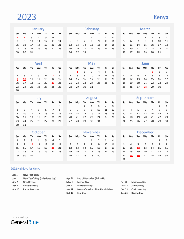 Basic Yearly Calendar with Holidays in Kenya for 2023
