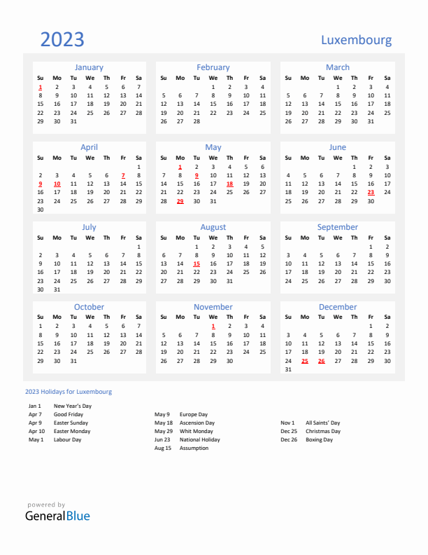 Basic Yearly Calendar with Holidays in Luxembourg for 2023