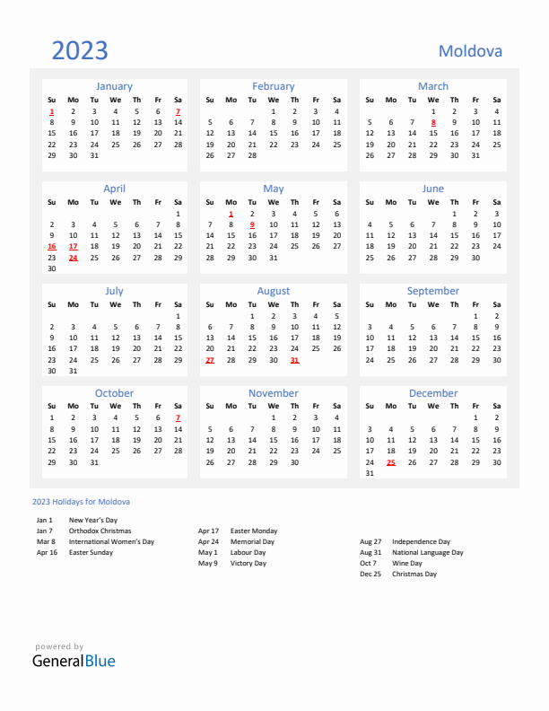 Basic Yearly Calendar with Holidays in Moldova for 2023