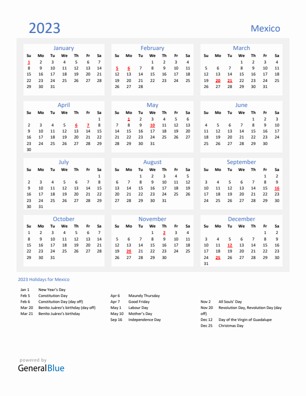Basic Yearly Calendar with Holidays in Mexico for 2023