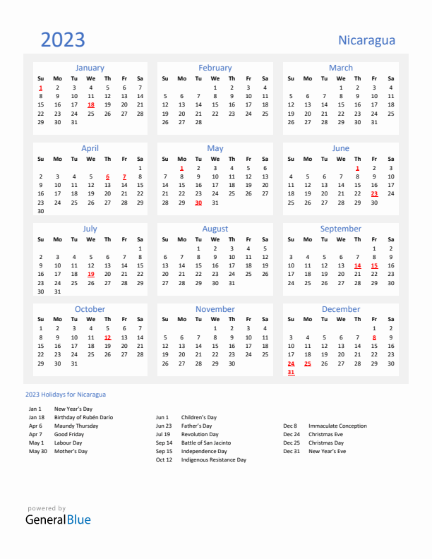 Basic Yearly Calendar with Holidays in Nicaragua for 2023