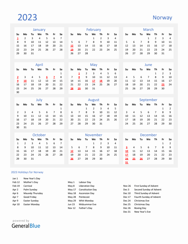 Basic Yearly Calendar with Holidays in Norway for 2023