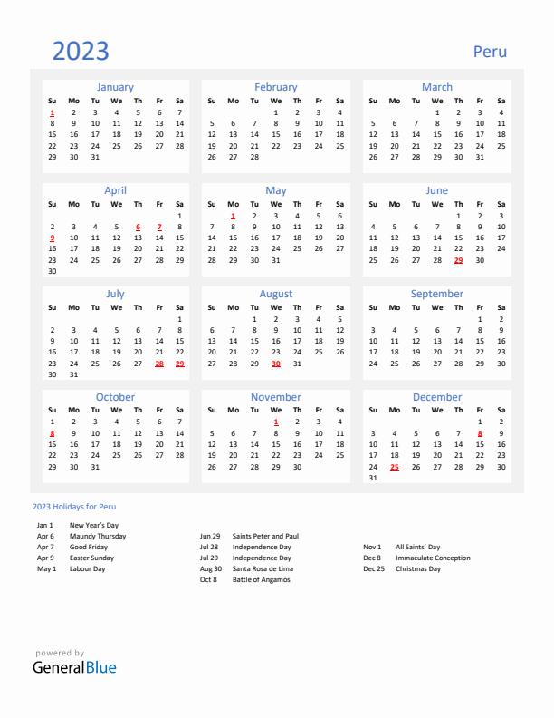 Basic Yearly Calendar with Holidays in Peru for 2023