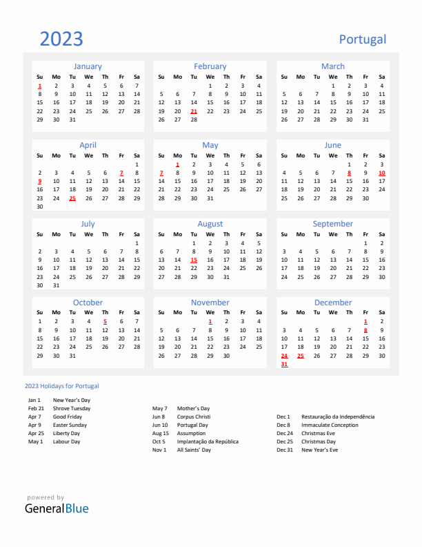 Basic Yearly Calendar with Holidays in Portugal for 2023