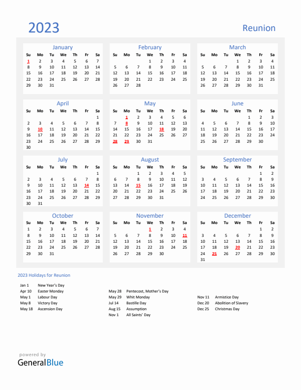Basic Yearly Calendar with Holidays in Reunion for 2023