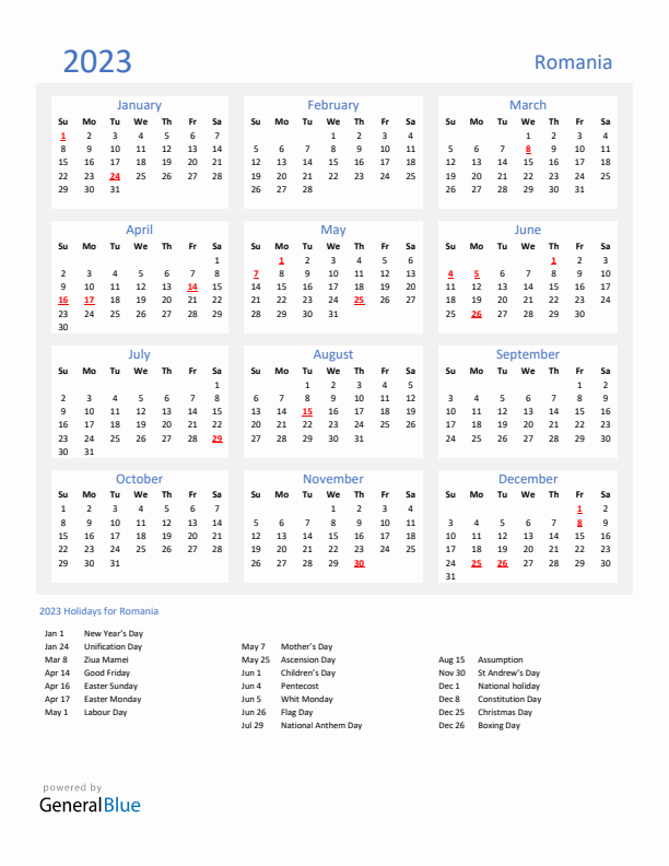 Basic Yearly Calendar with Holidays in Romania for 2023