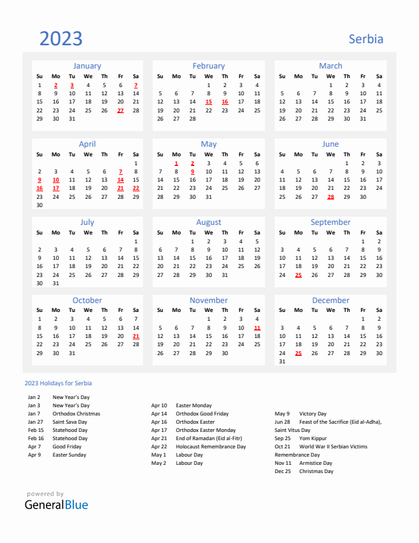 Basic Yearly Calendar with Holidays in Serbia for 2023