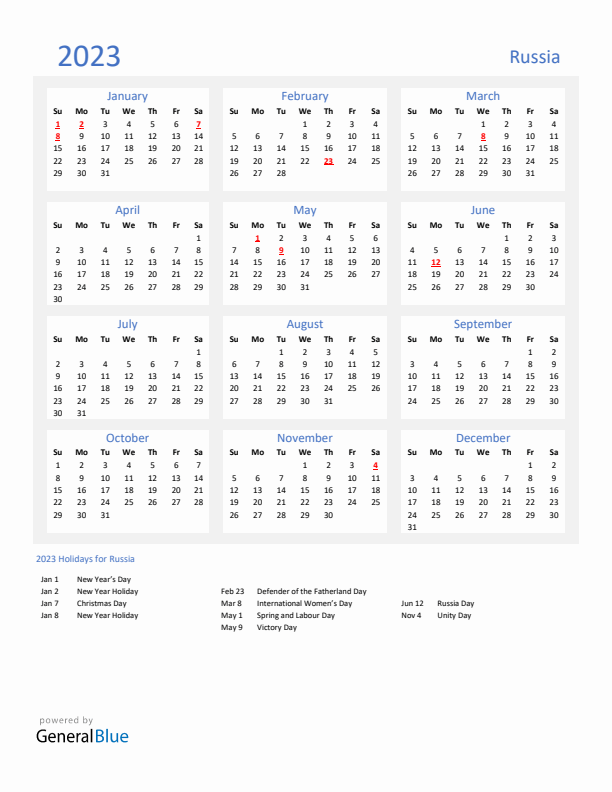 Basic Yearly Calendar with Holidays in Russia for 2023