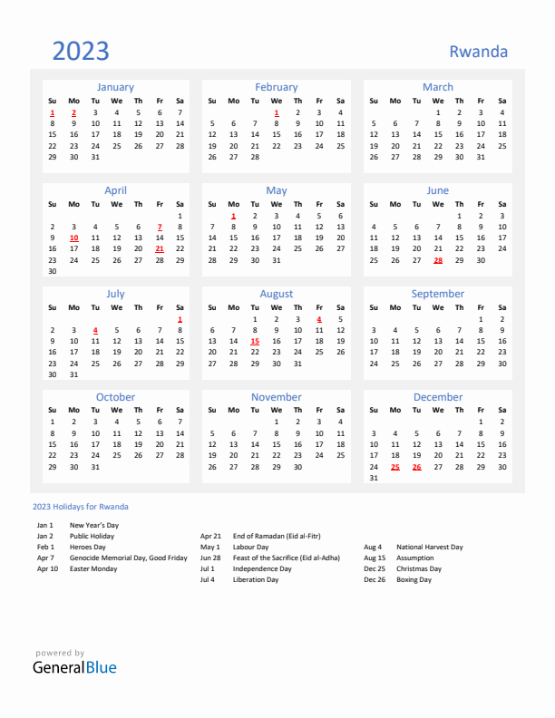 Basic Yearly Calendar with Holidays in Rwanda for 2023