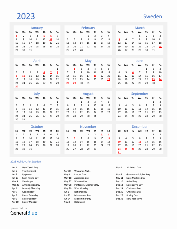 Basic Yearly Calendar with Holidays in Sweden for 2023