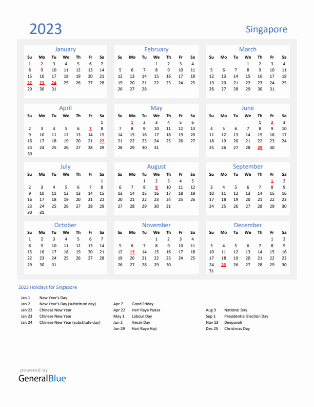 Basic Yearly Calendar with Holidays in Singapore for 2023