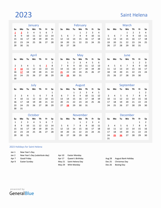 Basic Yearly Calendar with Holidays in Saint Helena for 2023