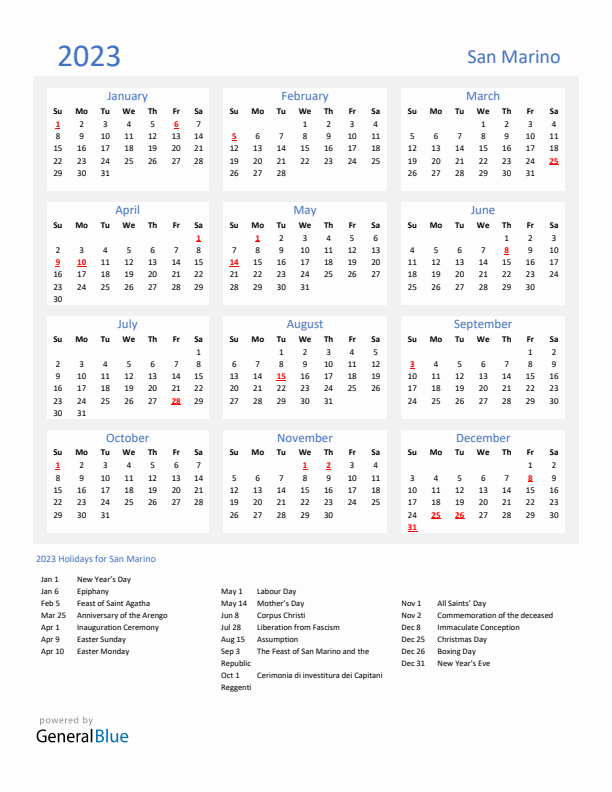 Basic Yearly Calendar with Holidays in San Marino for 2023