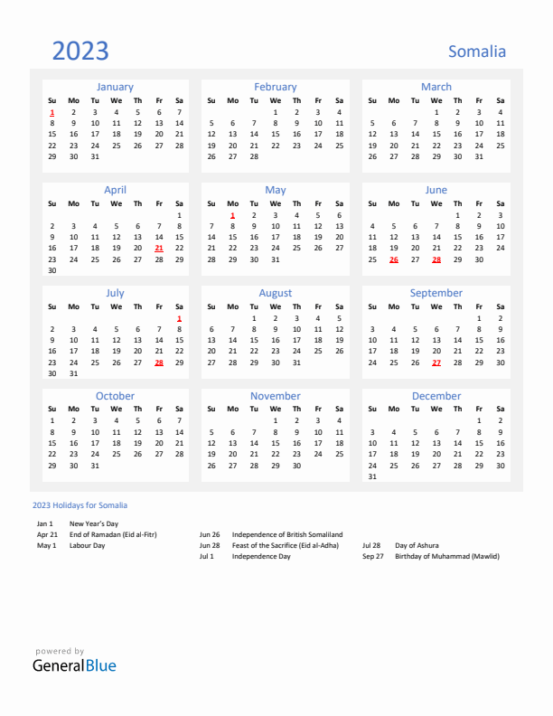 Basic Yearly Calendar with Holidays in Somalia for 2023