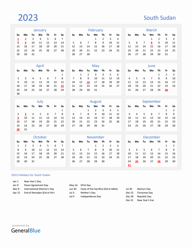 Basic Yearly Calendar with Holidays in South Sudan for 2023