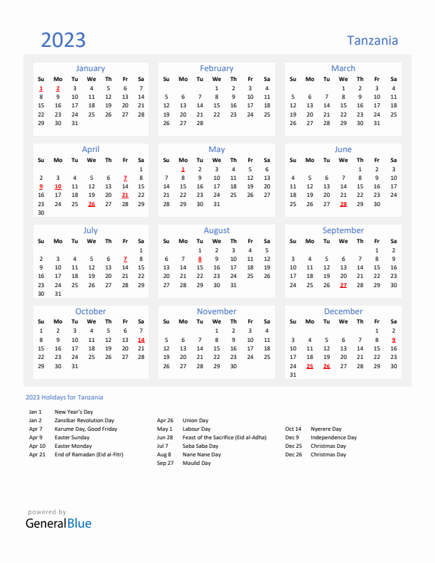 Basic Yearly Calendar with Holidays in Tanzania for 2023
