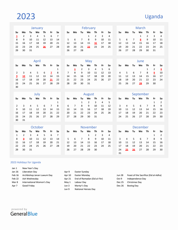 Basic Yearly Calendar with Holidays in Uganda for 2023