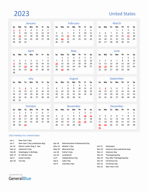 Basic Yearly Calendar with Holidays in United States for 2023