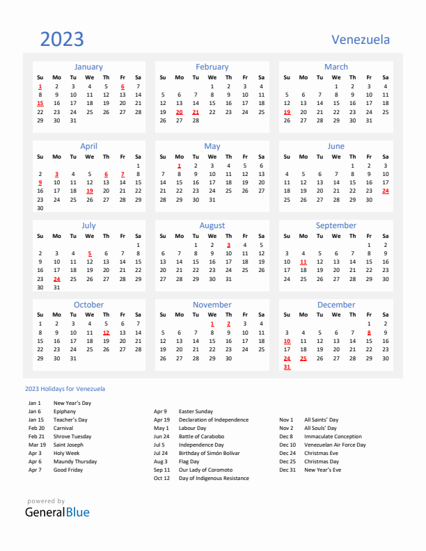 Basic Yearly Calendar with Holidays in Venezuela for 2023