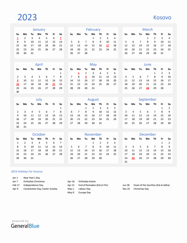 Basic Yearly Calendar with Holidays in Kosovo for 2023