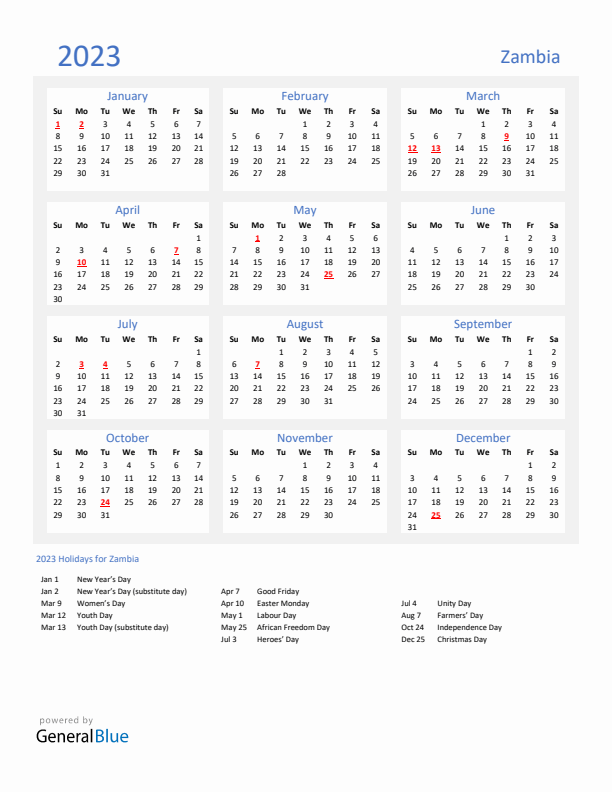 Basic Yearly Calendar with Holidays in Zambia for 2023