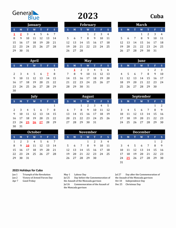 2023 Cuba Holiday Calendar