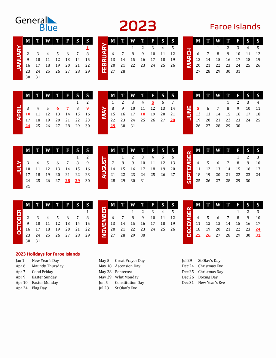 Faroe Islands 2023 Yearly Calendar Downloadable - Monday Start