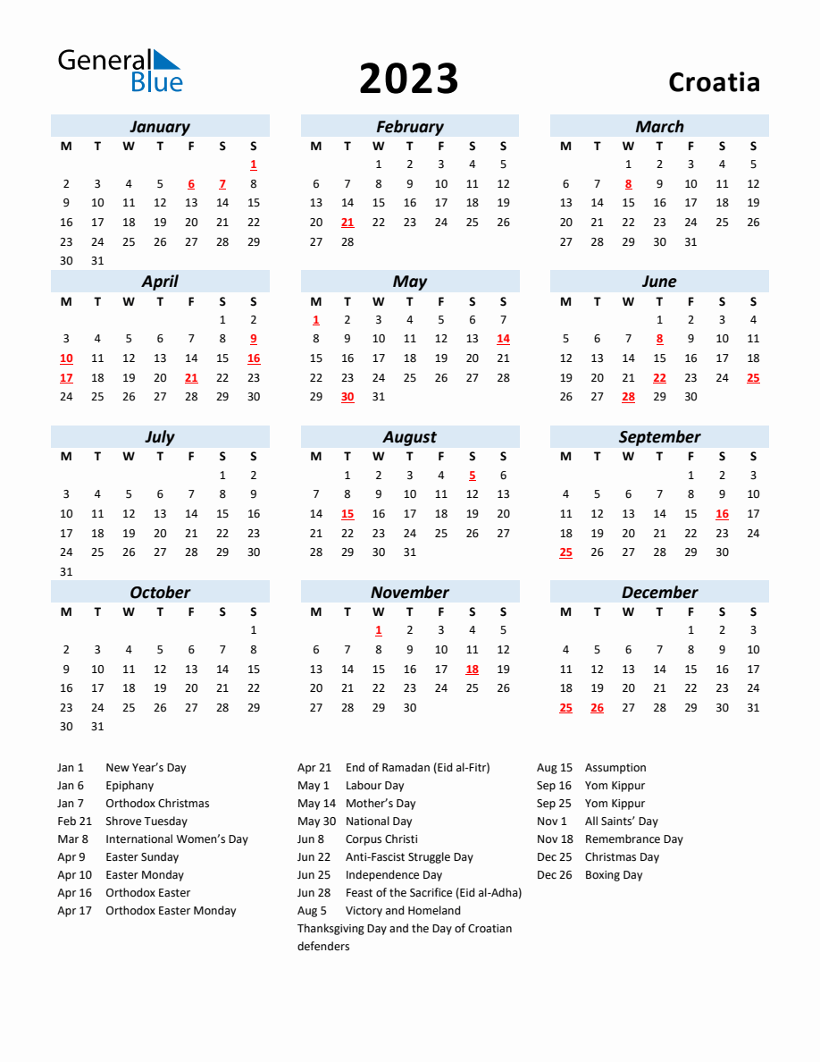 2023 Yearly Calendar for Croatia with Holidays - Monday Start