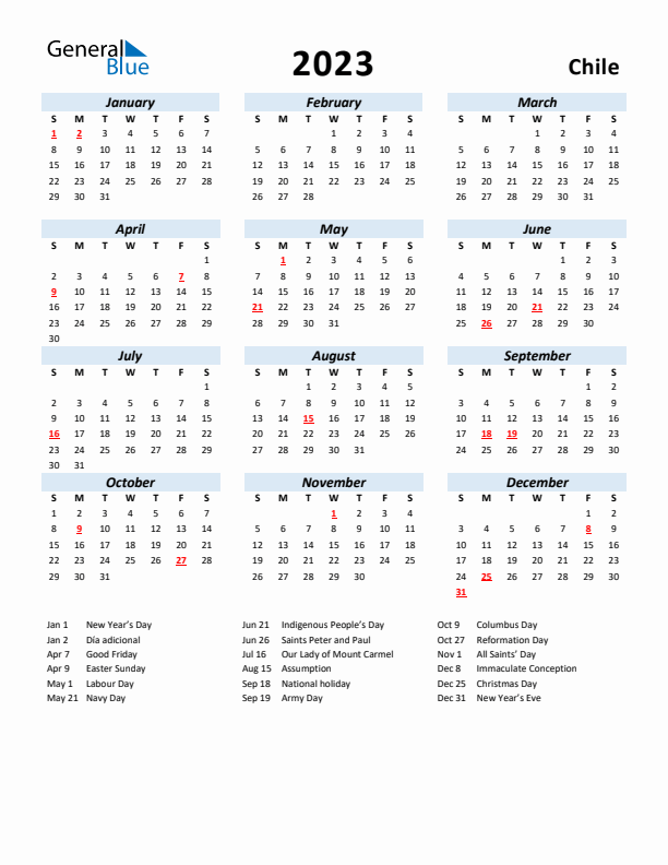 2023 Calendar for Chile with Holidays