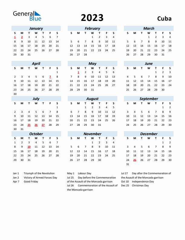 2023 Calendar for Cuba with Holidays