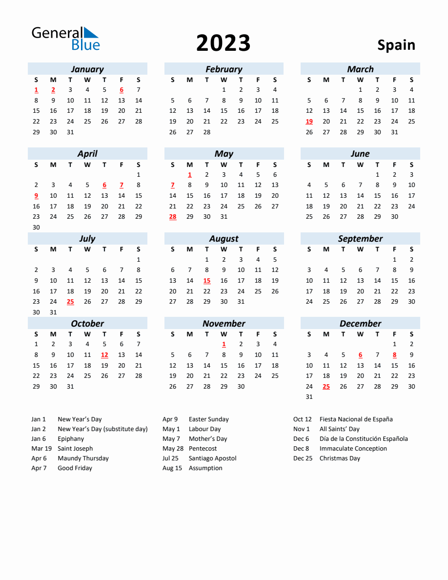 2023 Yearly Calendar for Spain with Holidays