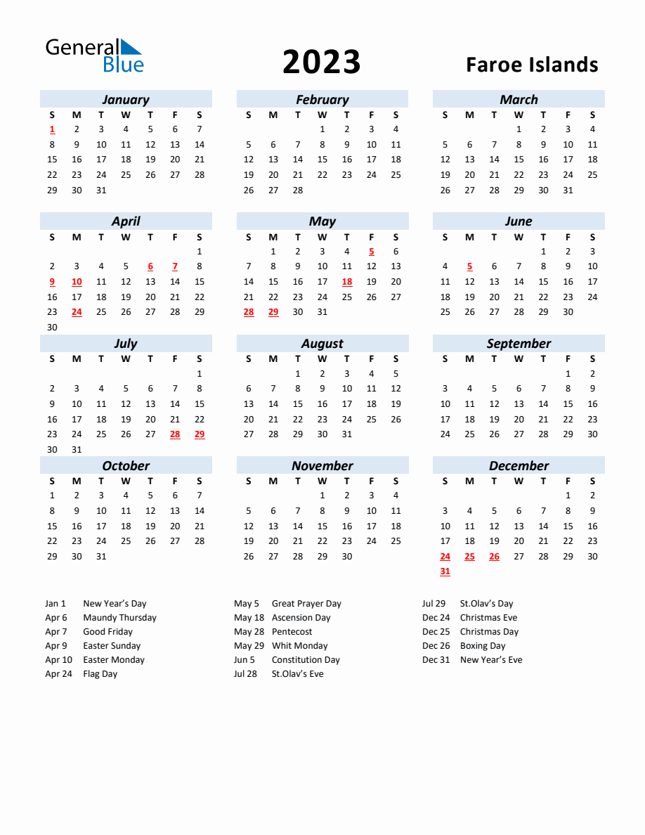 2023 Yearly Calendar for Faroe Islands with Holidays