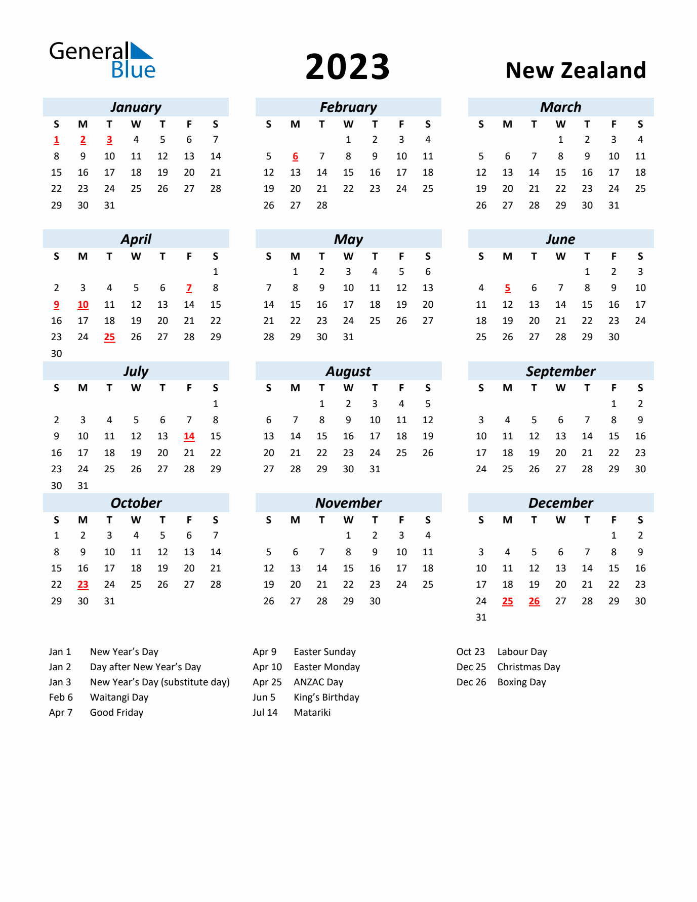 2023 Calendar for New Zealand with Holidays