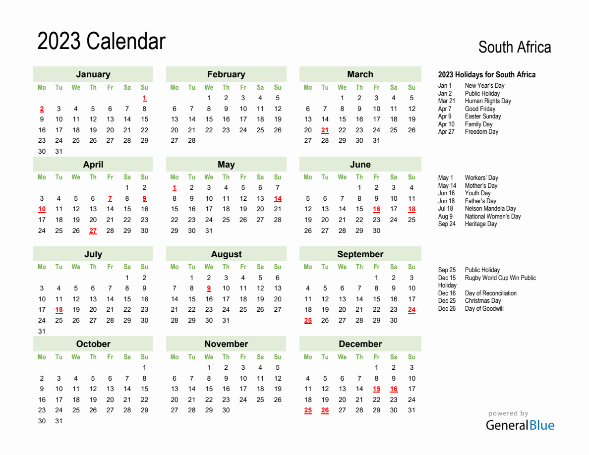 Holiday Calendar 2023 for South Africa - Monday Start