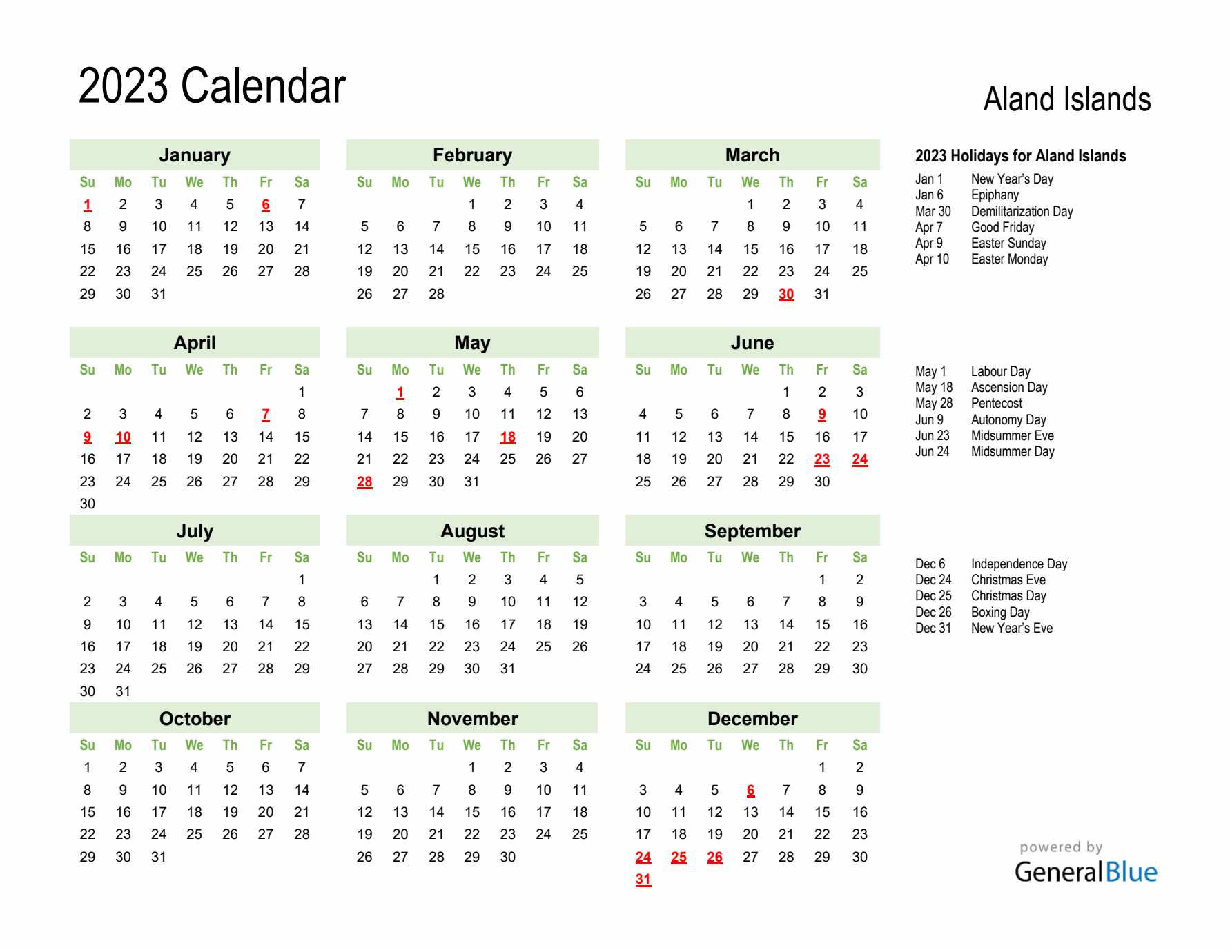 Holiday Calendar 2023 for Aland Islands (Sunday Start)